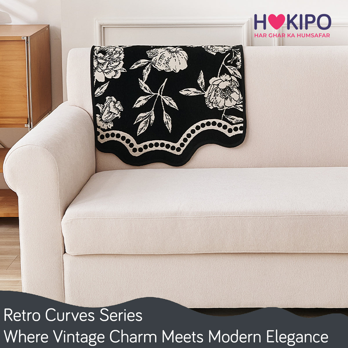 Chenille Sofa Cover Mat with Curvy Edges, 'Retro Curves Series' Sofa Mat, Classic Black