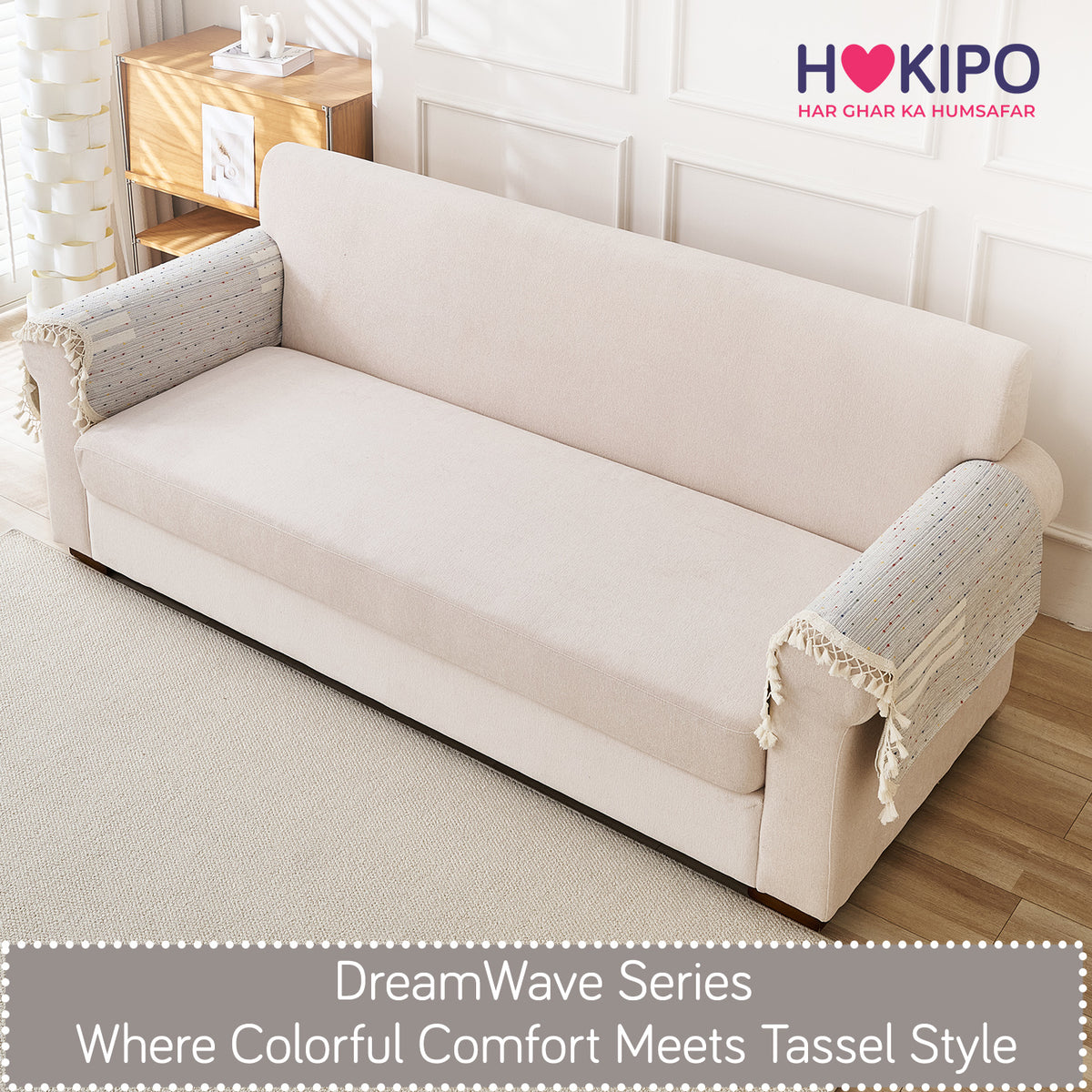DreamWave Chenille with Tassels Sofa Cover Mat, Pearl Grey