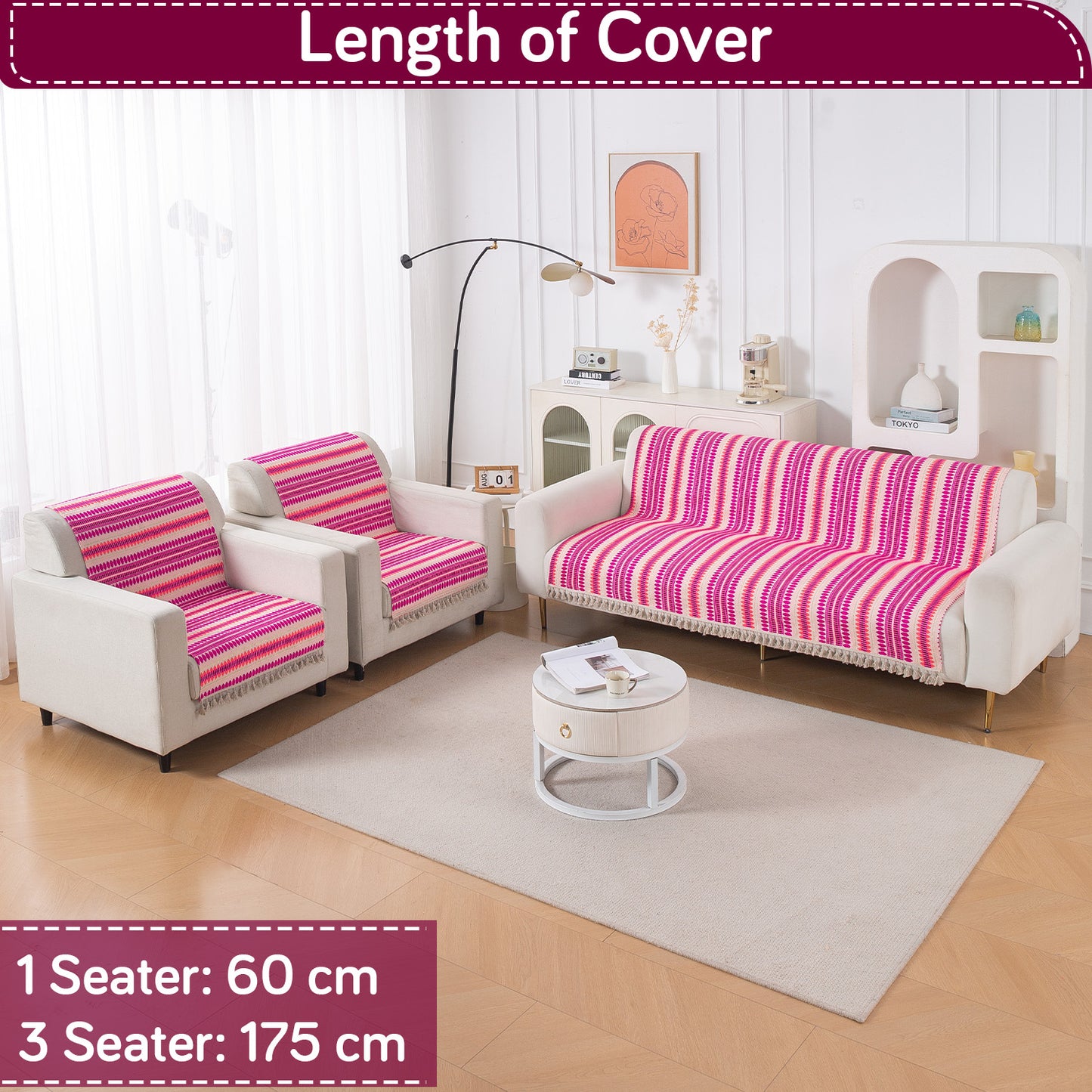 Artisan Boho Series 5-Seater Sofa Cover with Tassels (3+1+1), Fuchsia Pink