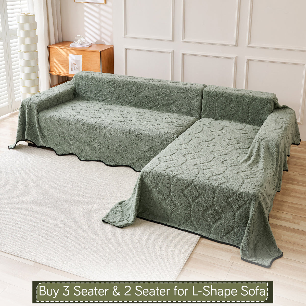 Buy Sage Green Colour Wavy Petal Crest Series Plush Sofa Throw for L-shape Sofas - 3 & 2 Seater Sofa Sets | HOKIPO