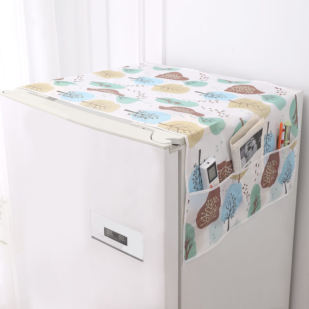 Small / Large Fridge Cover Top | For Smaller Single Door, Double Door and Bigger Double Door Refrigerator - Waterproof, Printed with 6 Side Pockets, Nature Trees