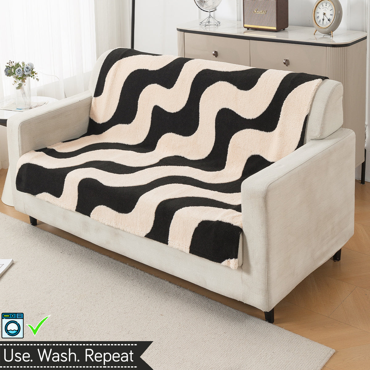 'Noirea Series' Plush Sofa Cover for Seat & Back, Wavy Stripe