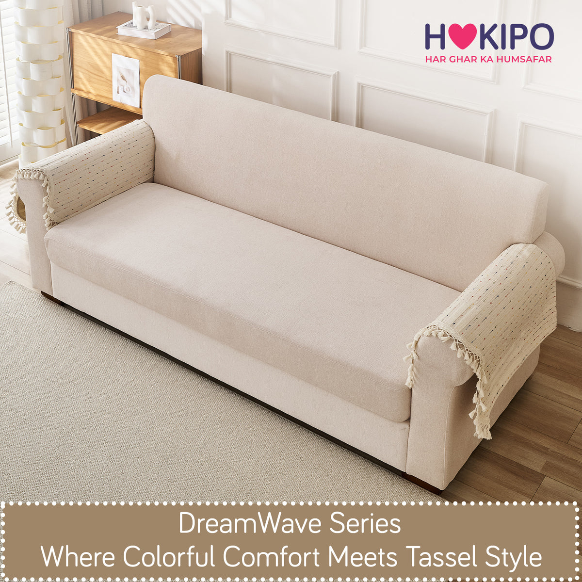 DreamWave Chenille with Tassels Sofa Cover Mat, Latte Beige