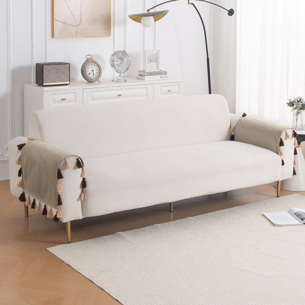 Tassel Tone Holland Velvet Sofa Cover Mat, Sand Beige