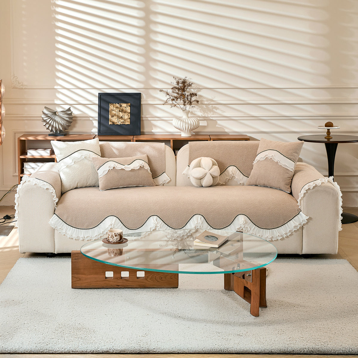 French Classic Frill Sofa Cushion Cover with Elegant Wavy Lace Design - Champagne Beige
