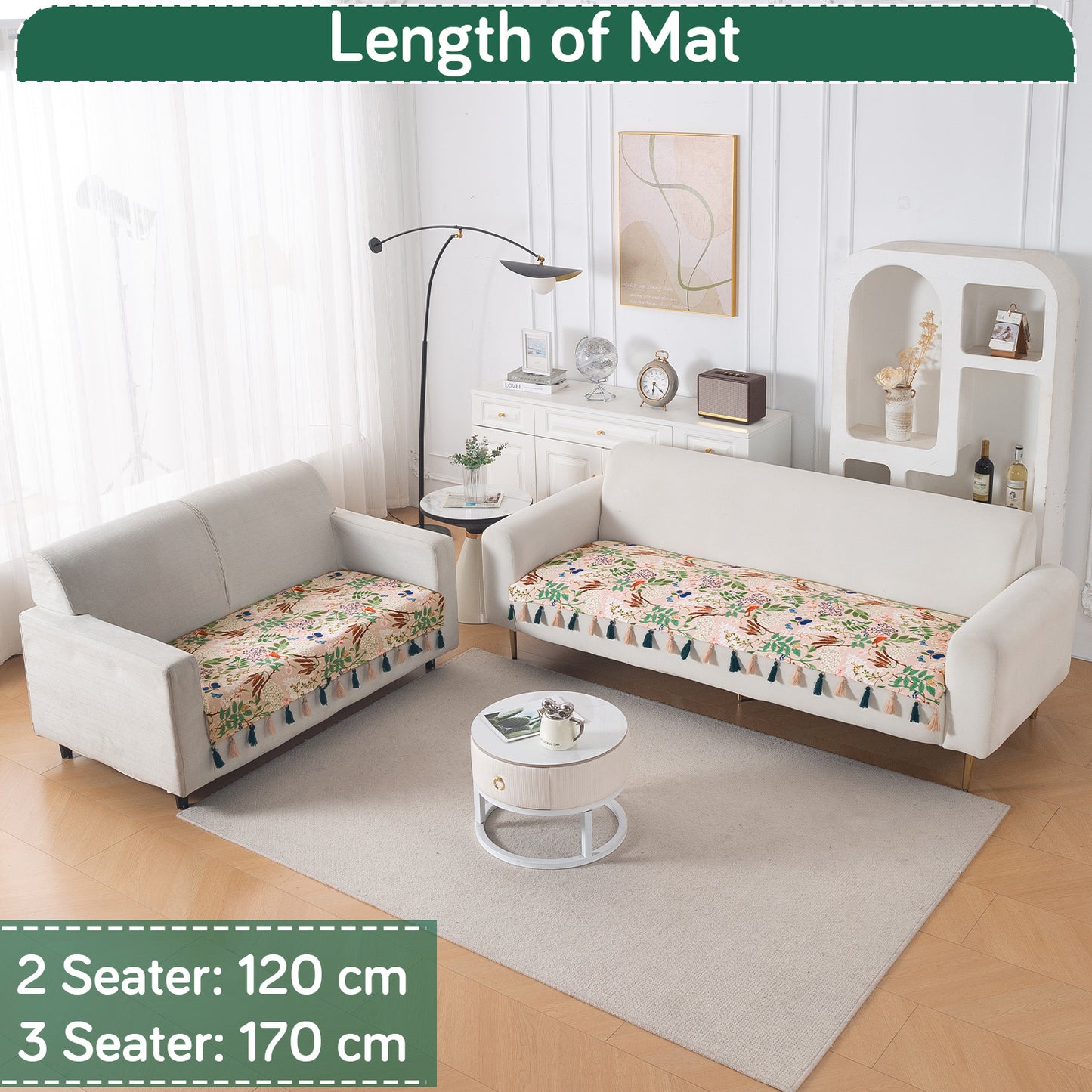 'Whispers of Nature' Series Holland Velvet Sofa Seat Mat with Tassel, Beige Woodland Bloom