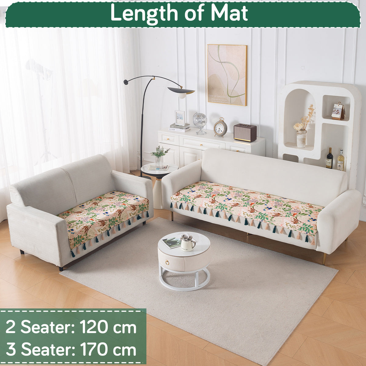 'Whispers of Nature' Series Holland Velvet Sofa Seat Mat with Tassel, Beige Woodland Bloom