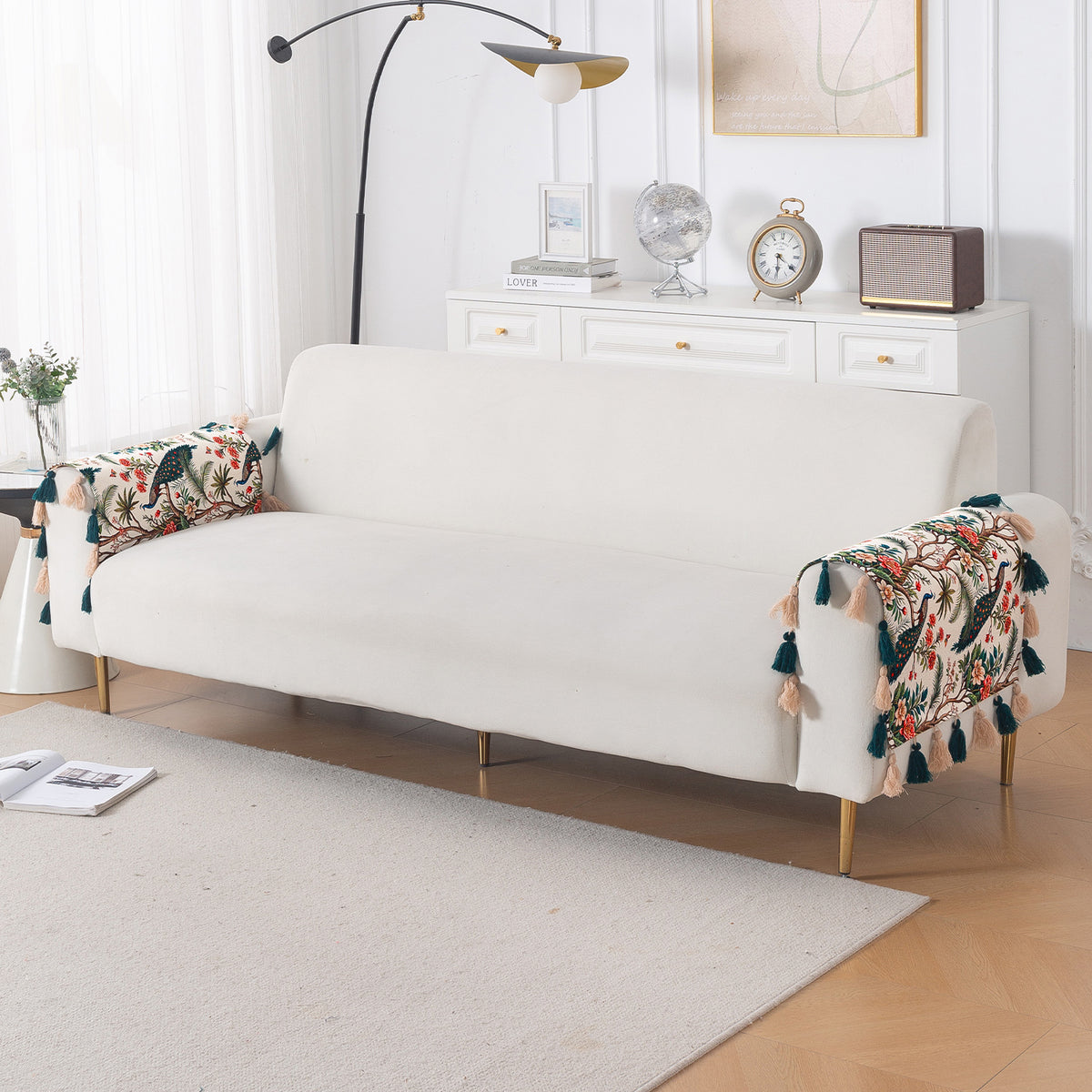 'Whispers of Nature' Series Holland Velvet Sofa Cover with Tassel, Multicolor Tropical Peacock