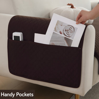 Quilted Sofa Cover Set with Seat Mat and Armrest Covers with Pockets, Dark Brown