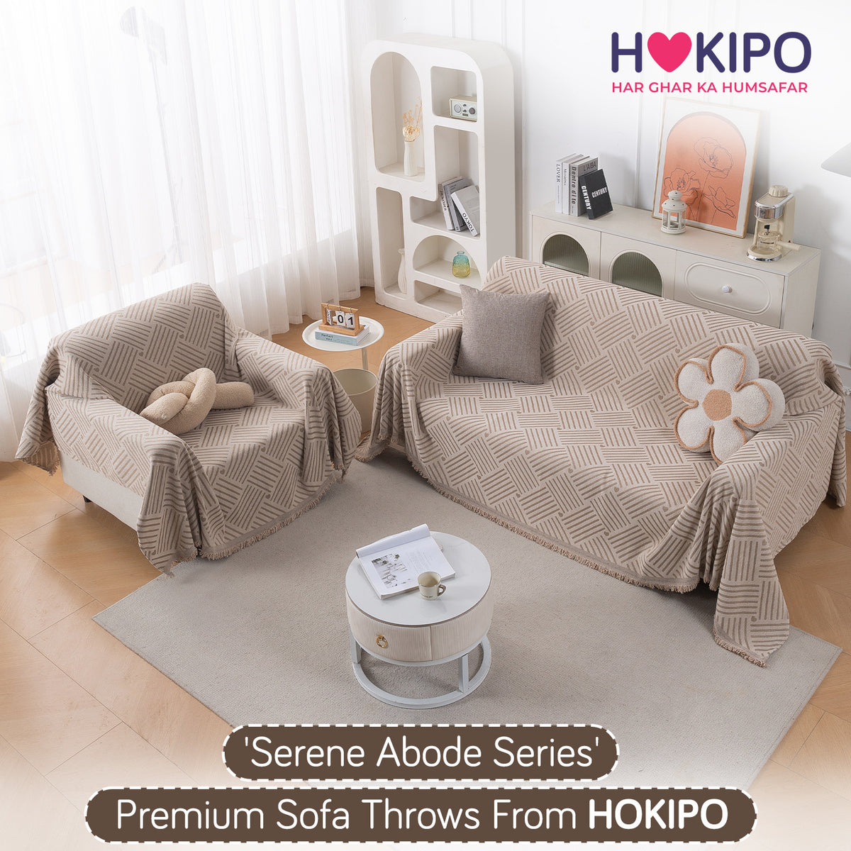 Buy Beige Geo Weave Serene Abode Chenille Sofa Throw for 2+1 Sofa Sets | HOKIPO