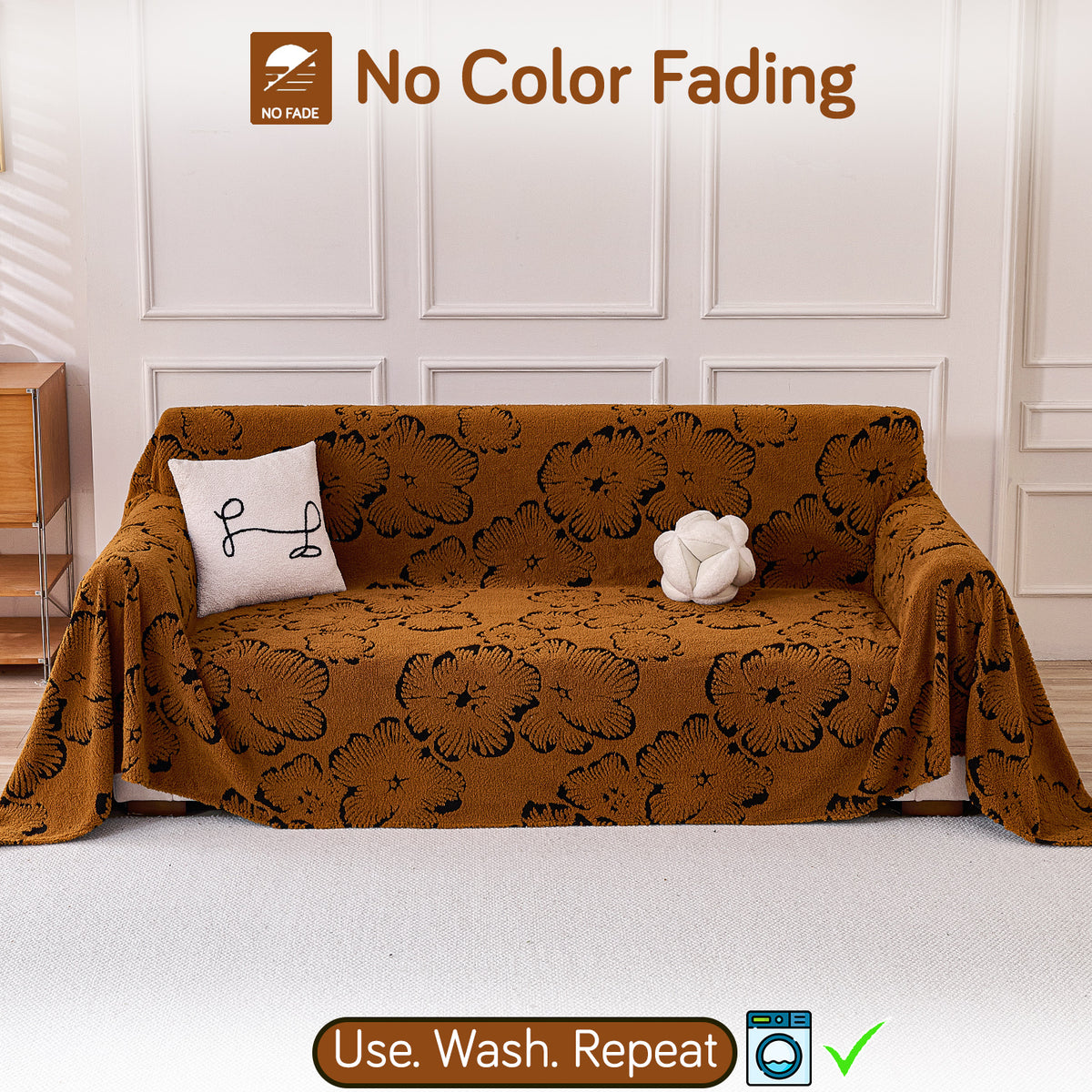 Buy Rustic Caramel Colour Camellia Blossom Luxury Plush Sofa Throw – Three Seater Sofa | HOKIPO