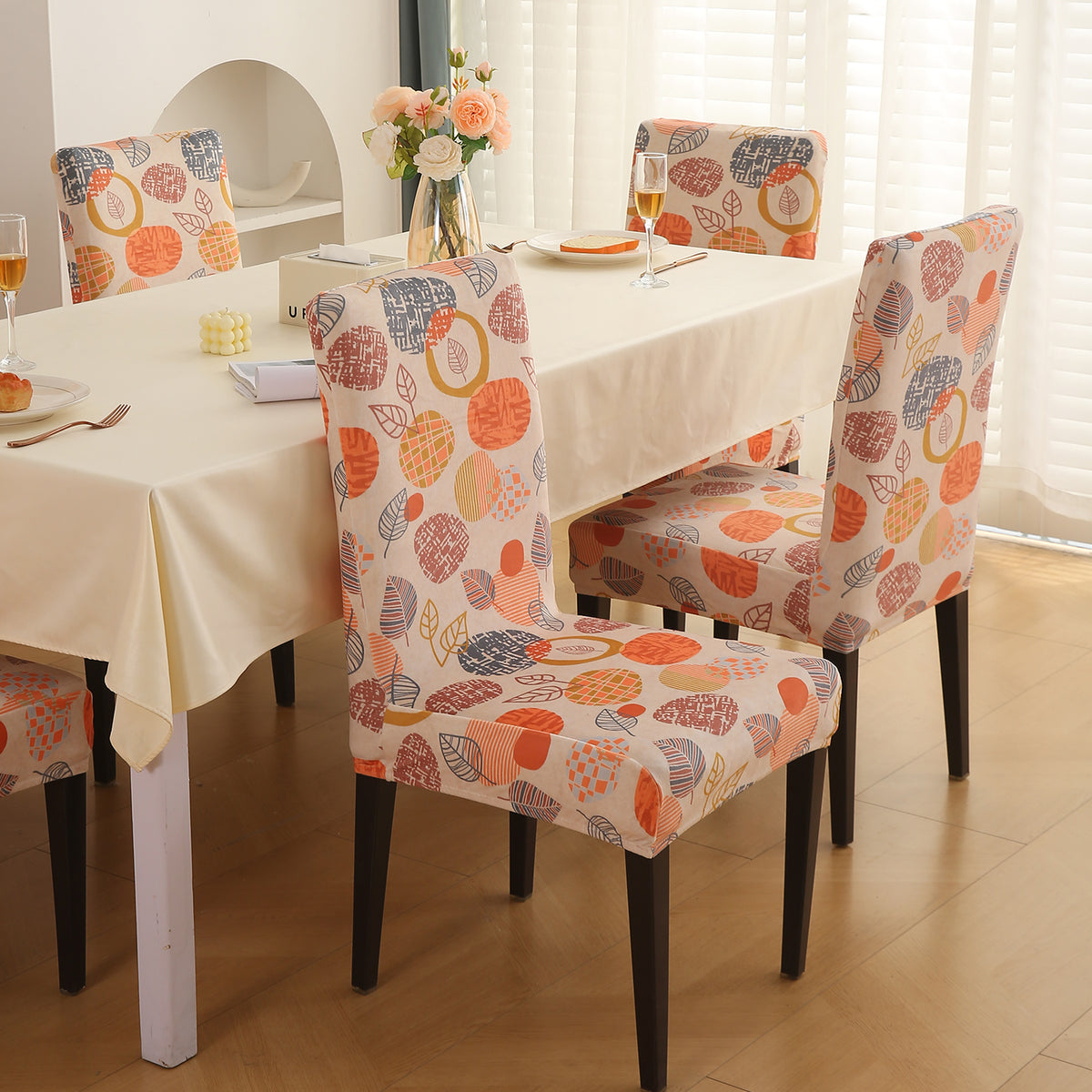 Premium Printed Velvet Dining Chair Cover Set, Coral Autumn Leaves