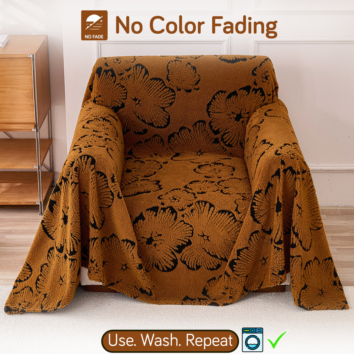 Buy Rustic Caramel Colour Camellia Blossom Luxury Plush Sofa Throw – 1 Seater Sofa | HOKIPO