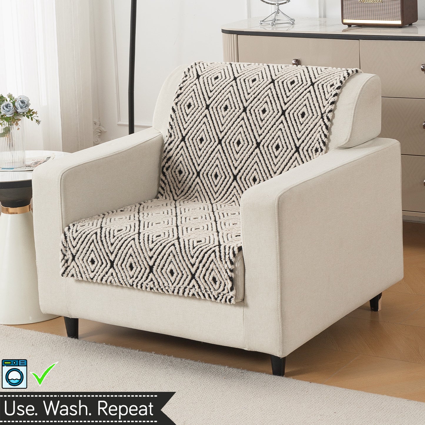 HOKIPO Plush Sofa Cover Throw for Complete Sofa 'Noirea Series', Geometric Diamond