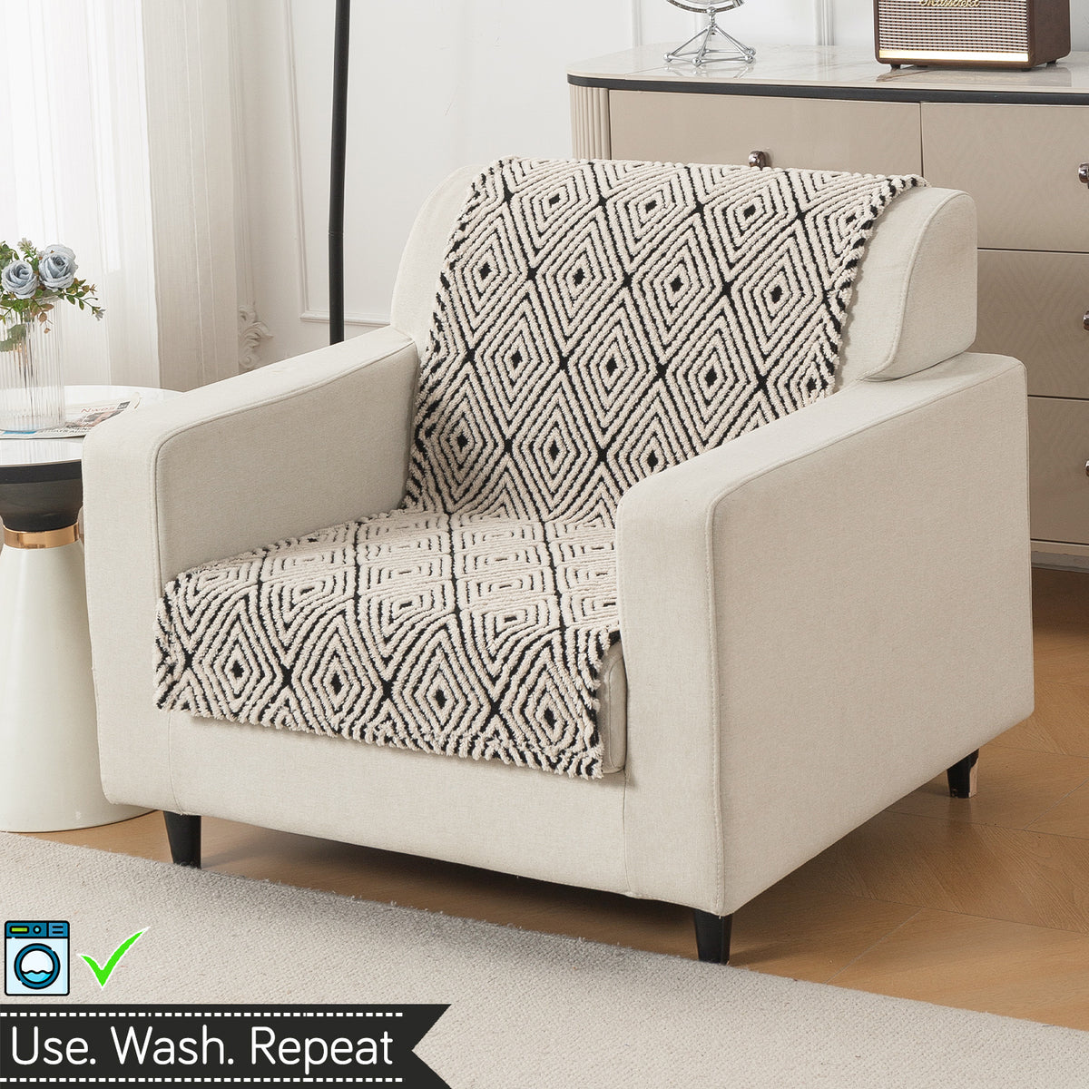 'Noirea Series' Plush Sofa Cover for Seat & Back, Geometric Diamond