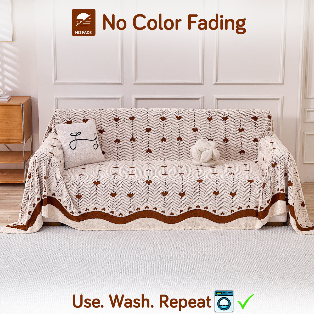 Buy Mocha Cream Colour Cozy Heart Series Luxury Plush Sofa Throw – Three Seater Sofas | HOKIPO