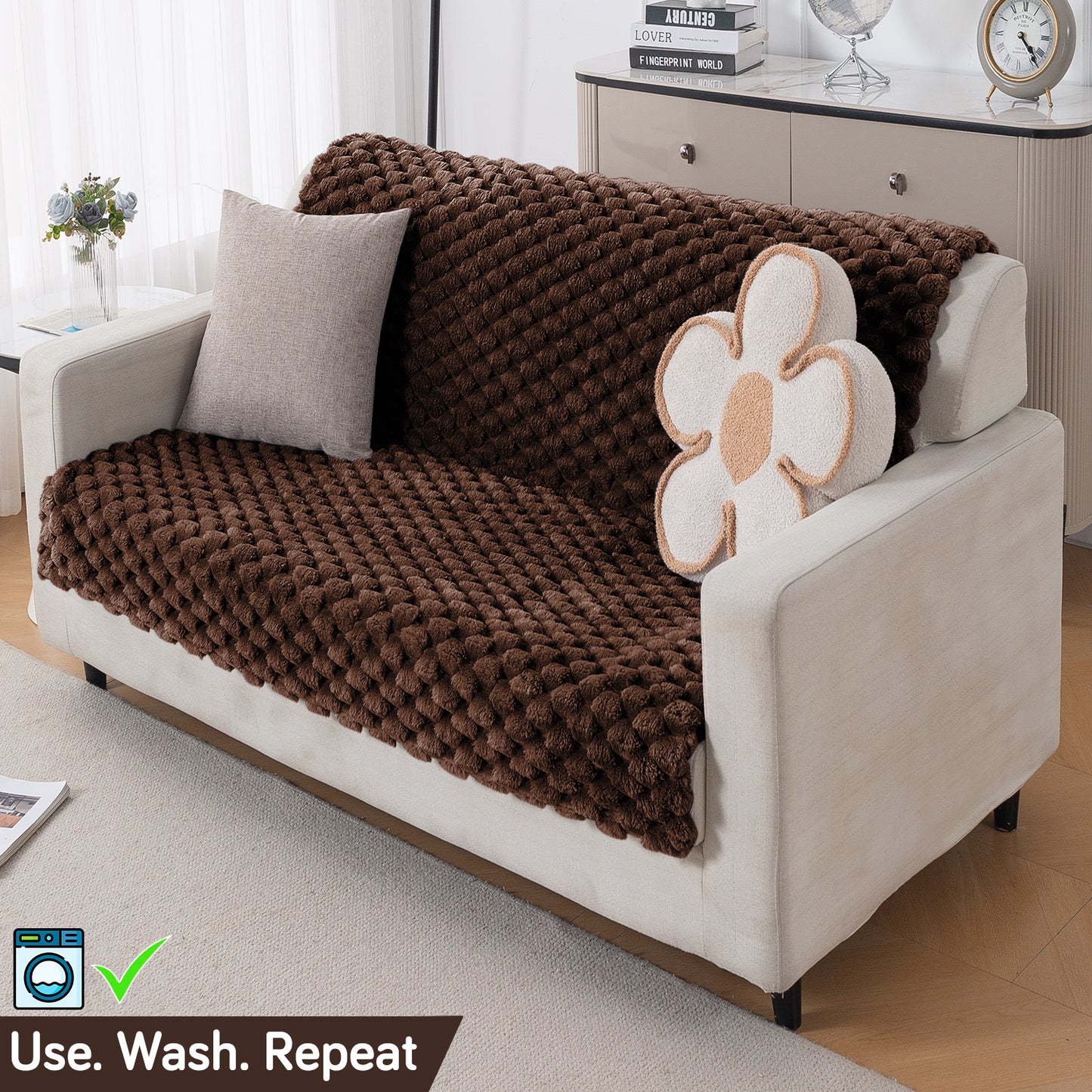 'BunnySoft Series' Plush Sofa Cover Throw for Sofa Seat & Back, Dark Chocolate
