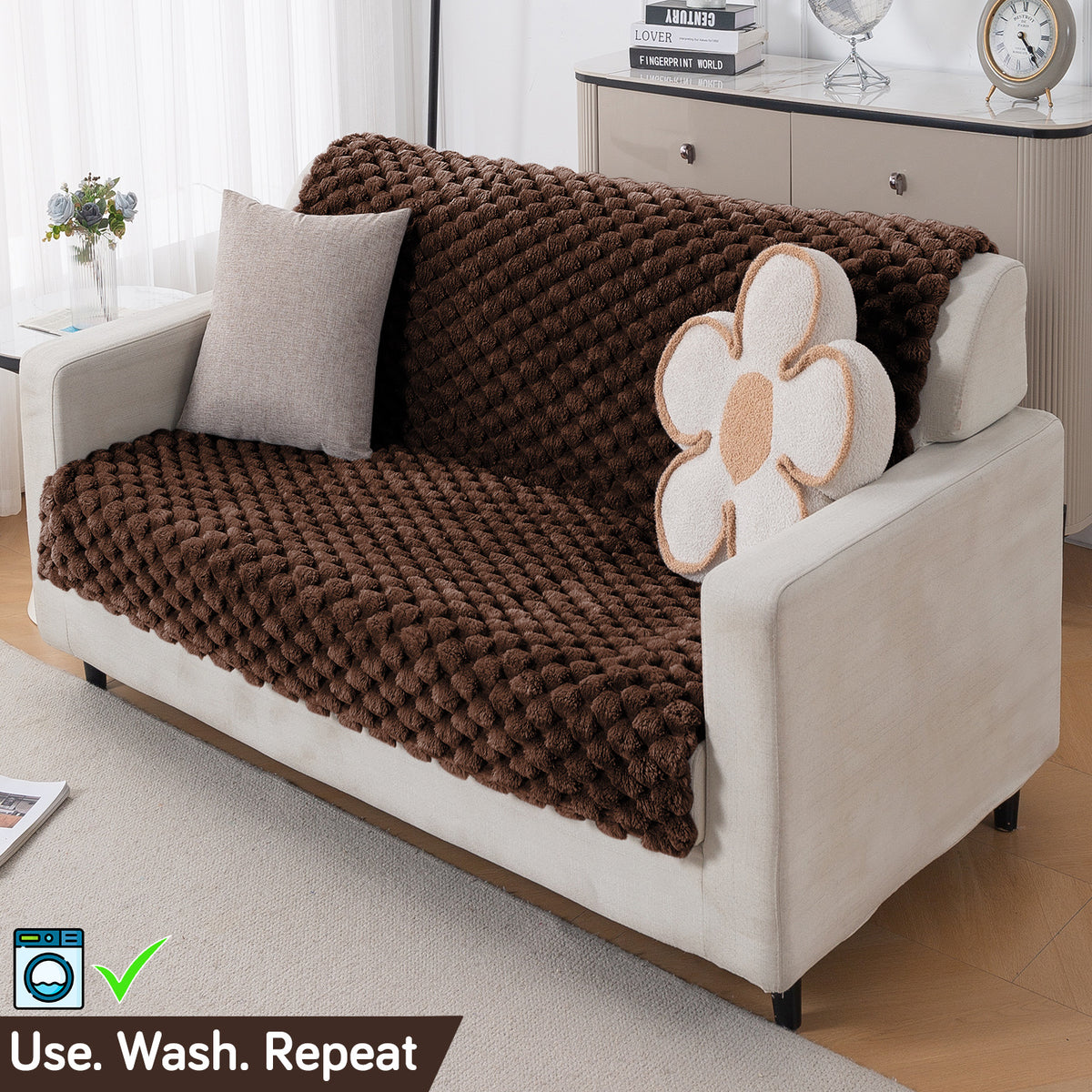 'BunnySoft Series' Plush Sofa Cover Throw for Sofa Seat & Back, Dark Chocolate