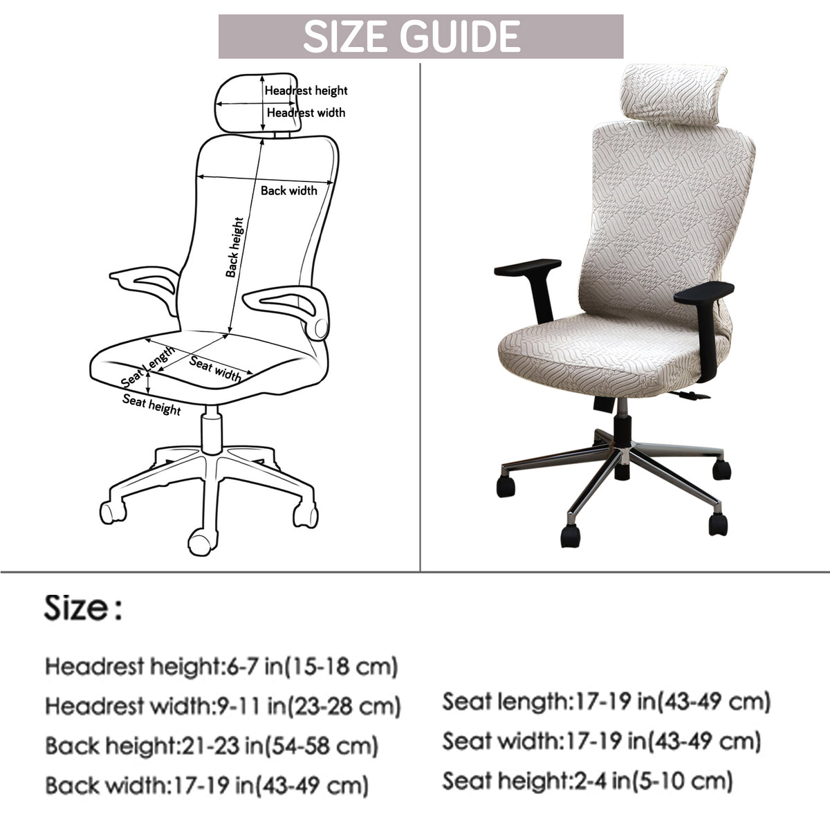 Office Chair Cover with Headrest (High-Back) – 170 GSM Stretch Jacquard – Washable, Anti-Slip Fit for Ergonomic Mesh Office Chairs, Beige