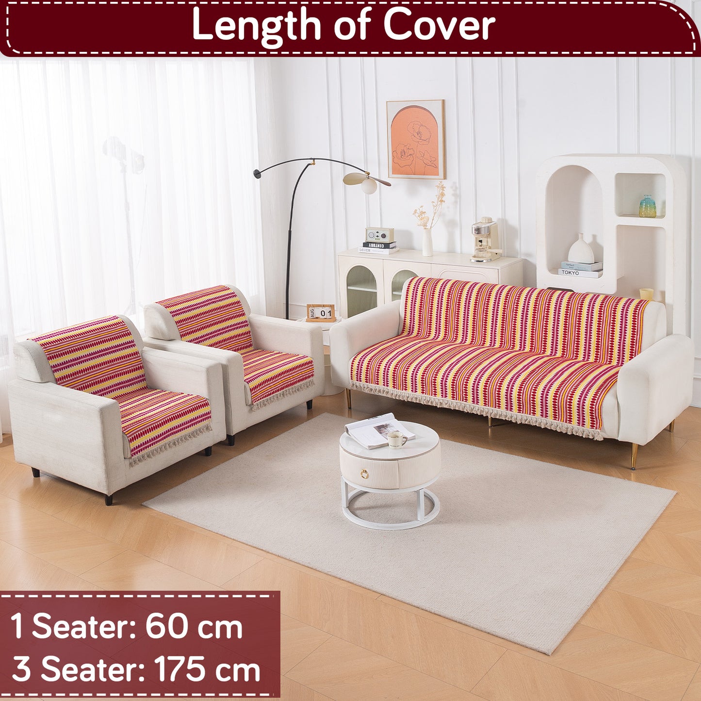 Artisan Boho Series 5-Seater Sofa Cover with Tassels (3+1+1), Ruby Red