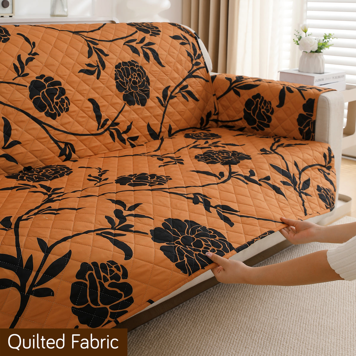 Waterproof & Quick-Dry Quilted Sofa Cover with Pockets on Armrest and Cushion Cover, Copper Brown Floral