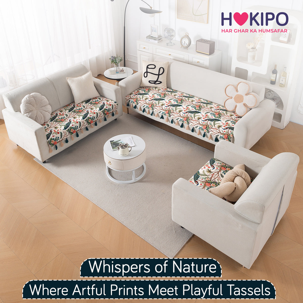'Whispers of Nature' Series Holland Velvet Sofa Mat with Tassel, Multicolor Tropical Peacock