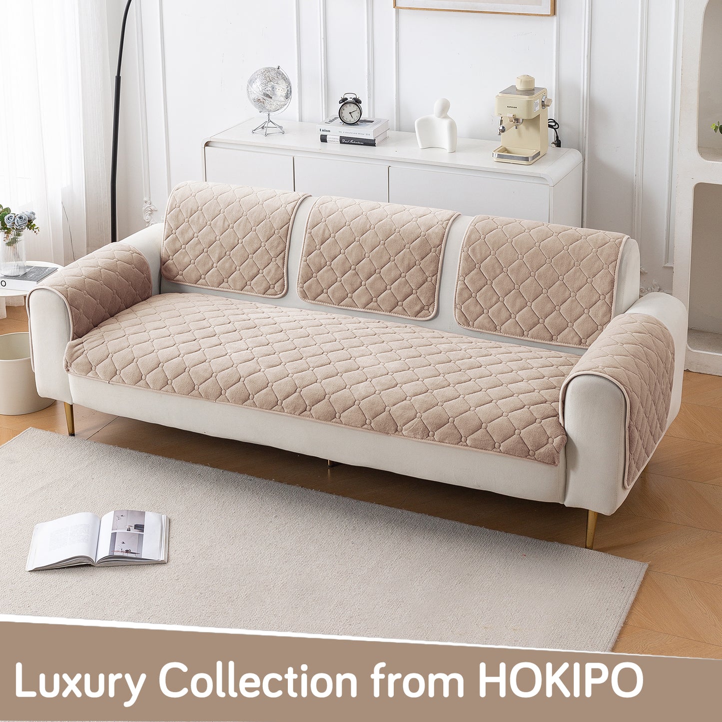 Diamond Tuft Plush Sofa Cover Mat, Warm Taupe