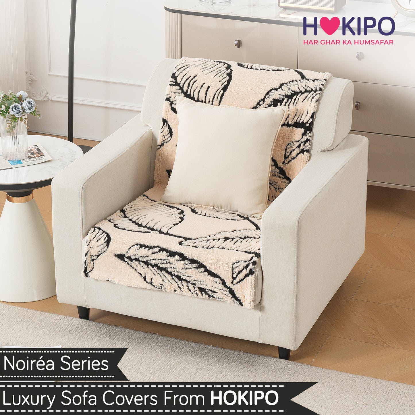 'Noirea Series' Plush Sofa Cover for Seat & Back, Botanical Leaf