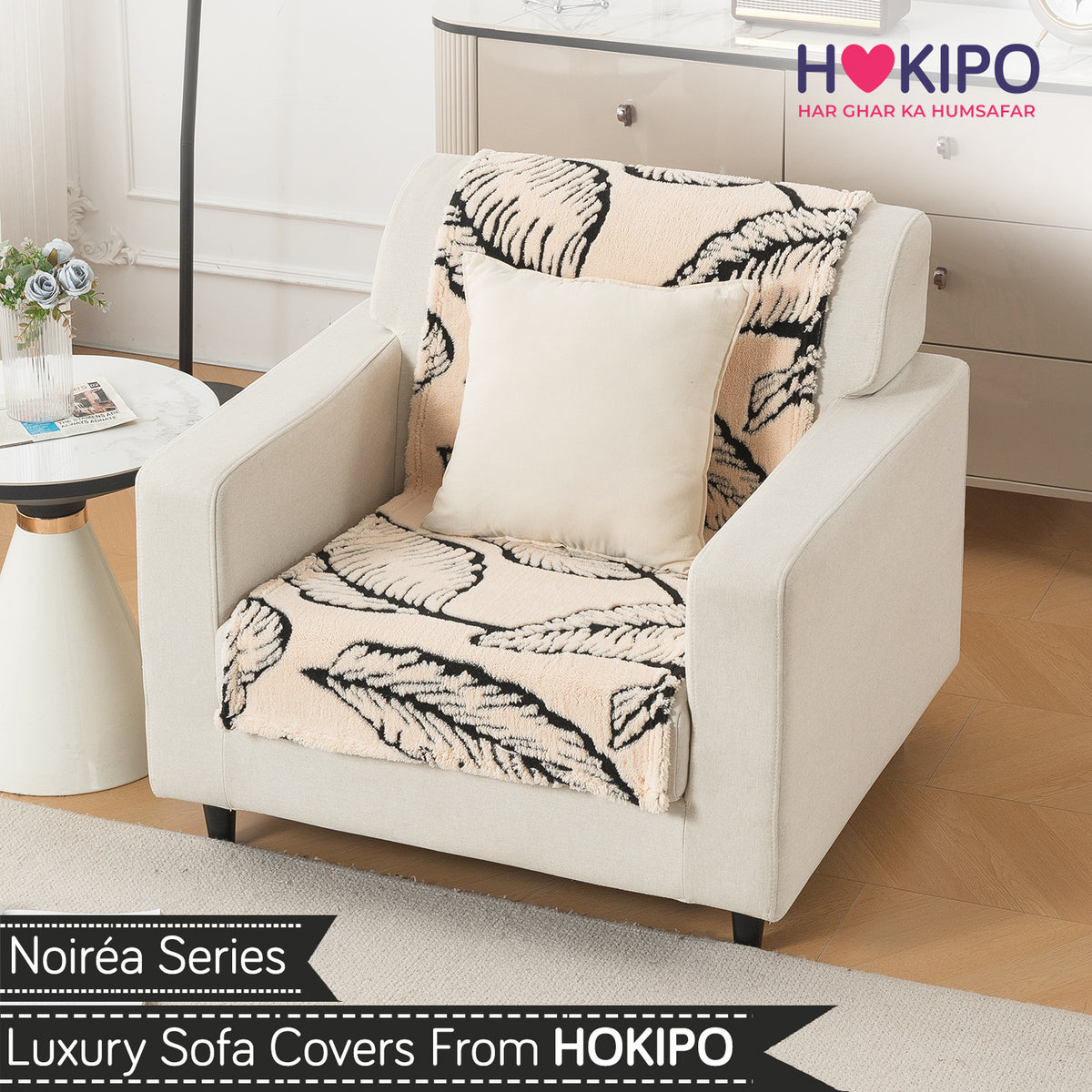'Noirea Series' Plush Sofa Cover for Seat & Back, Botanical Leaf