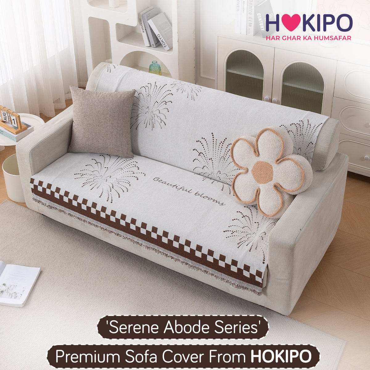 Premium 320 GSM Chenille Sofa Cover 'Serene Abode Series', Brown Dot Burst