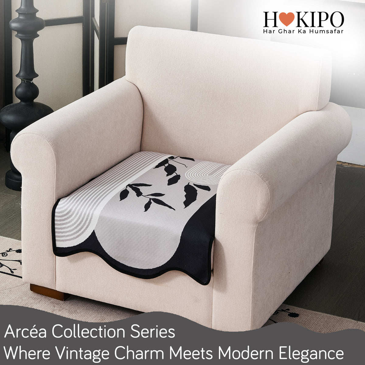 Arcea Chenille With Curved Edges Sofa Cover Mat, Grey Abstract Botanical