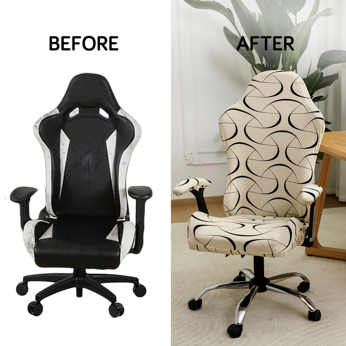 Printed Gaming Chair Seat Cover Elastic Computer Rotating Chair, Natural Beige Abstract Art