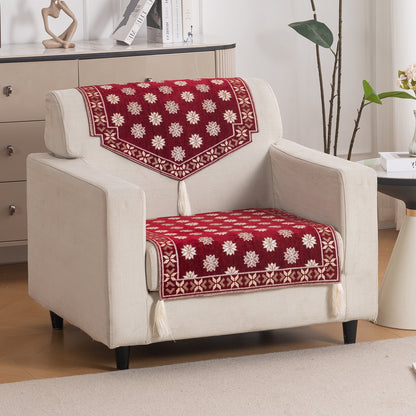 Heritage Weave Premium Jacquard Sofa Cover Set with Tassels -  Crimson Red