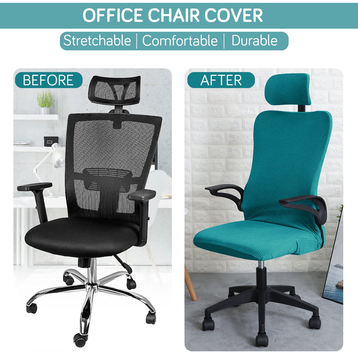 Water Repellent Office Chair Cover with Headrest (High-Back) – 210 GSM Stretch Jacquard – Washable, Anti-Slip Fit for Ergonomic Mesh Office Chairs, Teal
