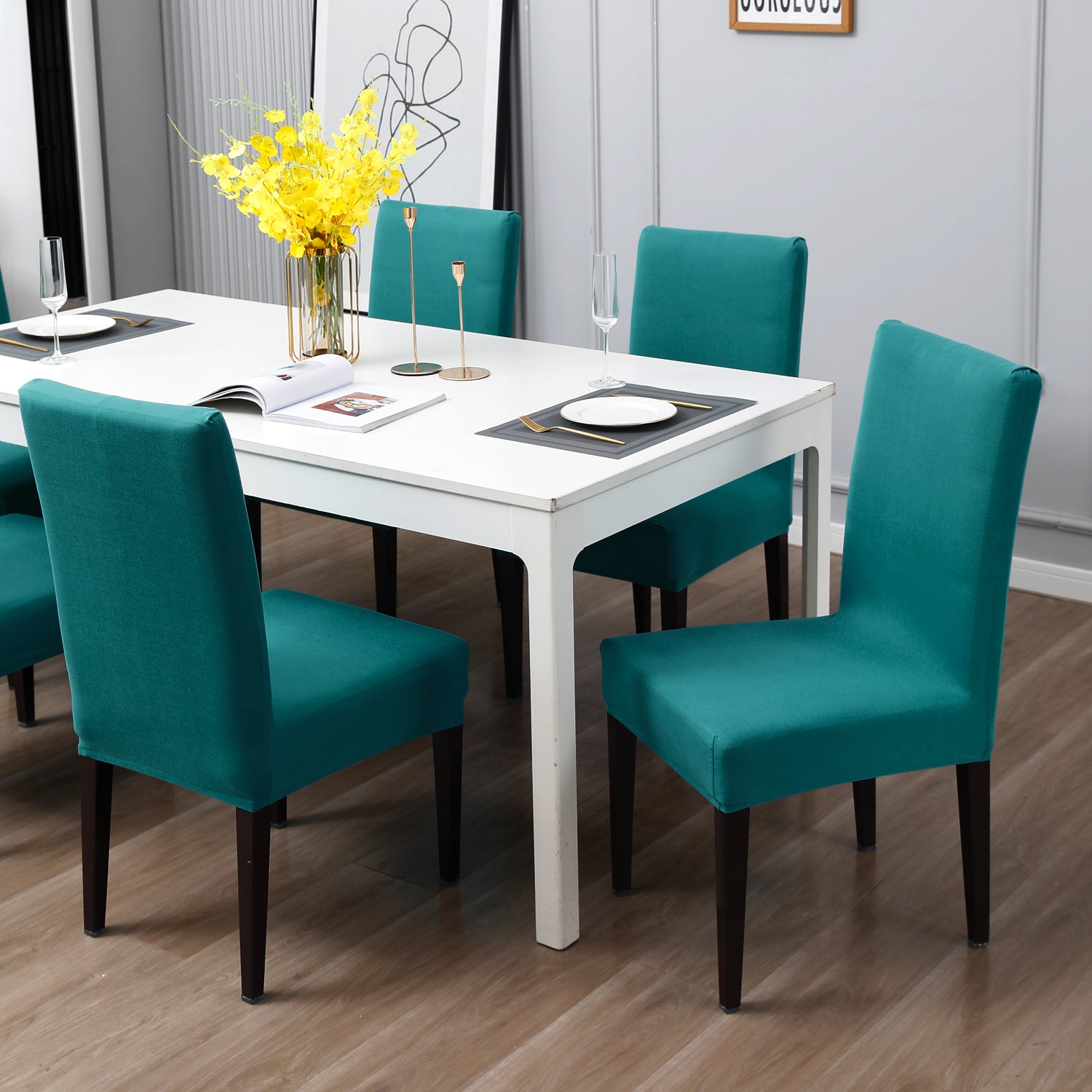 Elastic Stretchable Dining Chair Cover, Dark Cyan