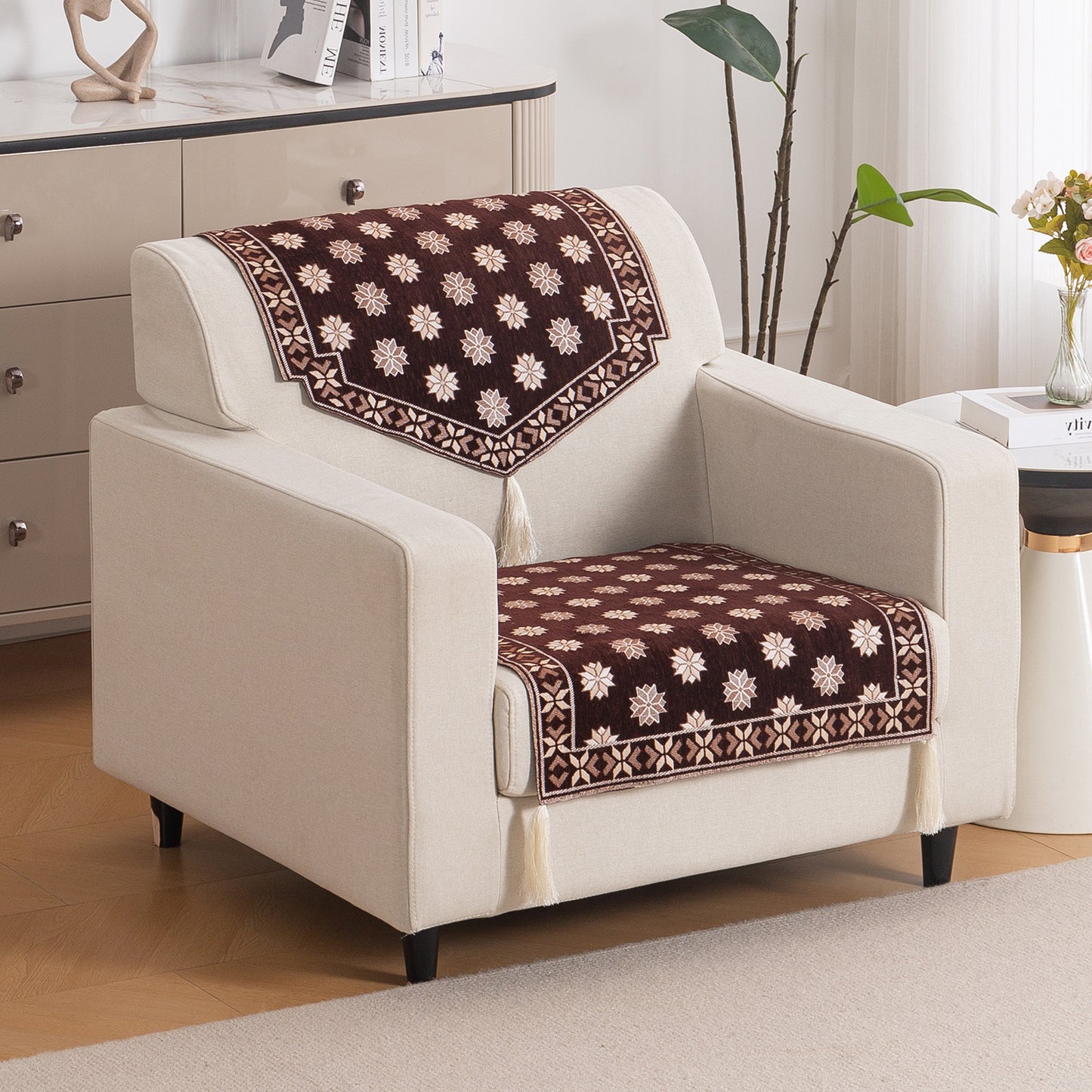 Heritage Weave Premium Jacquard Sofa Cover Set with Tassels - Coffee Brown