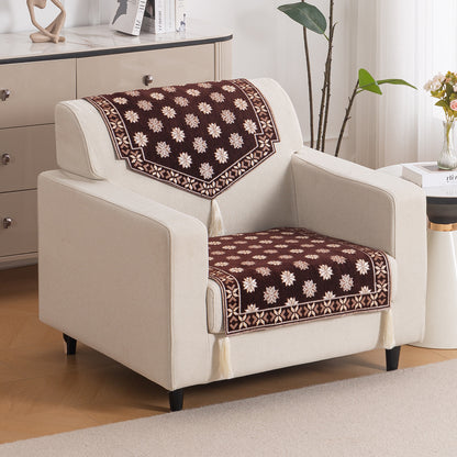 Heritage Weave Premium Jacquard Sofa Cover Set with Tassels - Coffee Brown