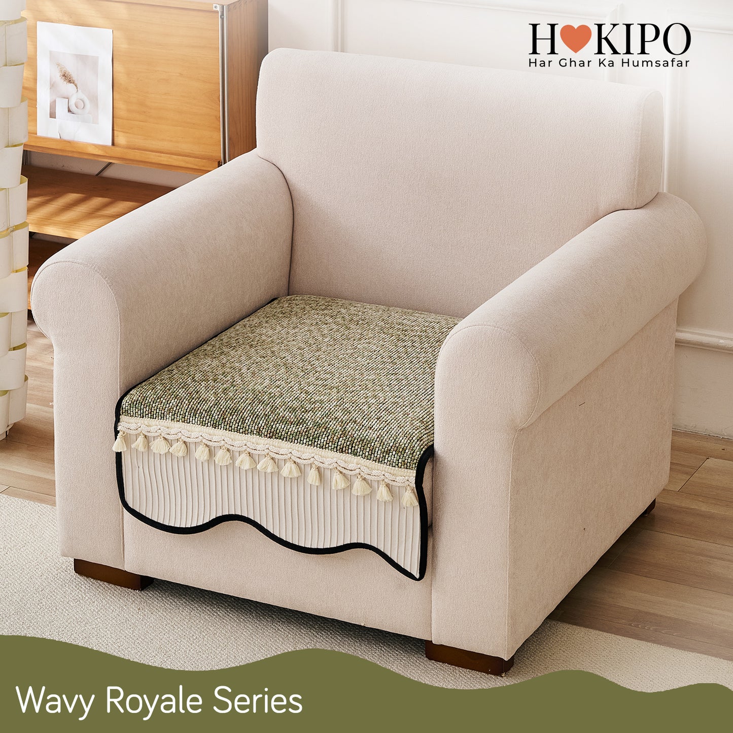 Thick Woven Weave Chenille Sofa Cover with Tassel|'Wavy Royale Series' Sage Green