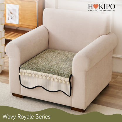 Thick Woven Weave Chenille Sofa Cover with Tassel|'Wavy Royale Series' Sage Green