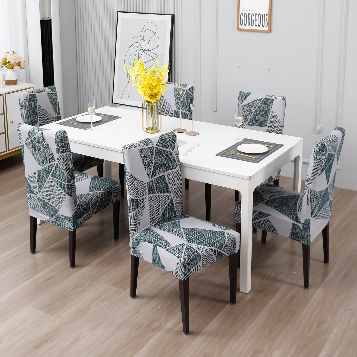 Elastic Stretchable Dining Chair Cover, Grey Geometric Abstract