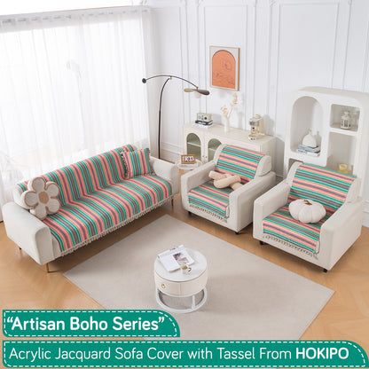 Artisan Boho Series 5-Seater Sofa Cover with Tassels (3+1+1), Mint Green