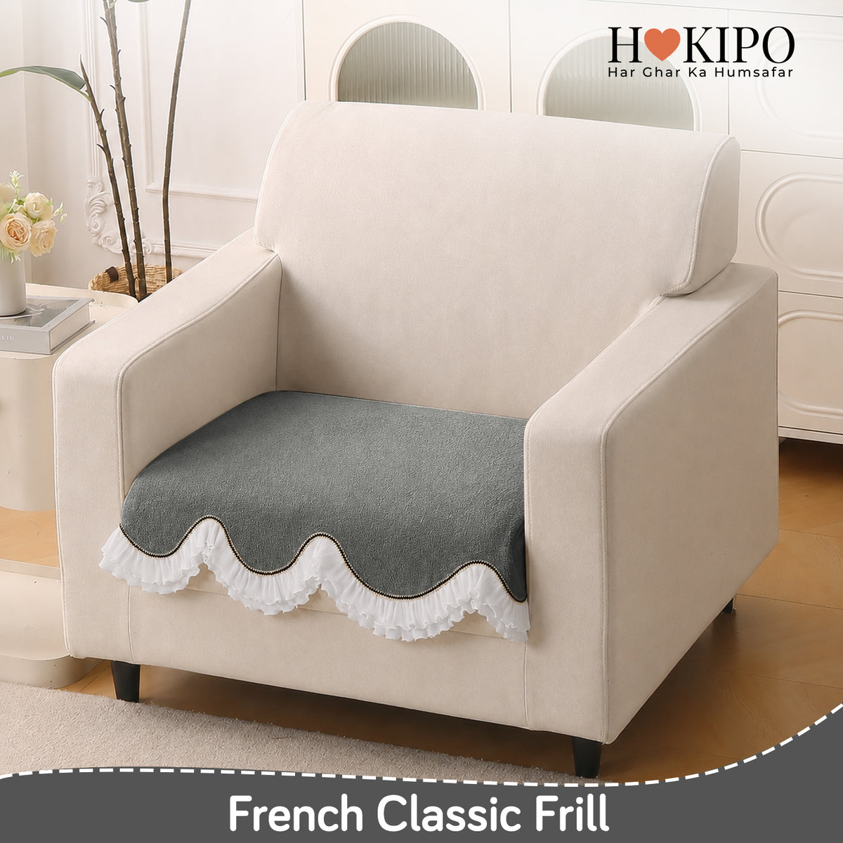 French Classic Frill Wavy Sofa Cover Mat, Moonstone Grey