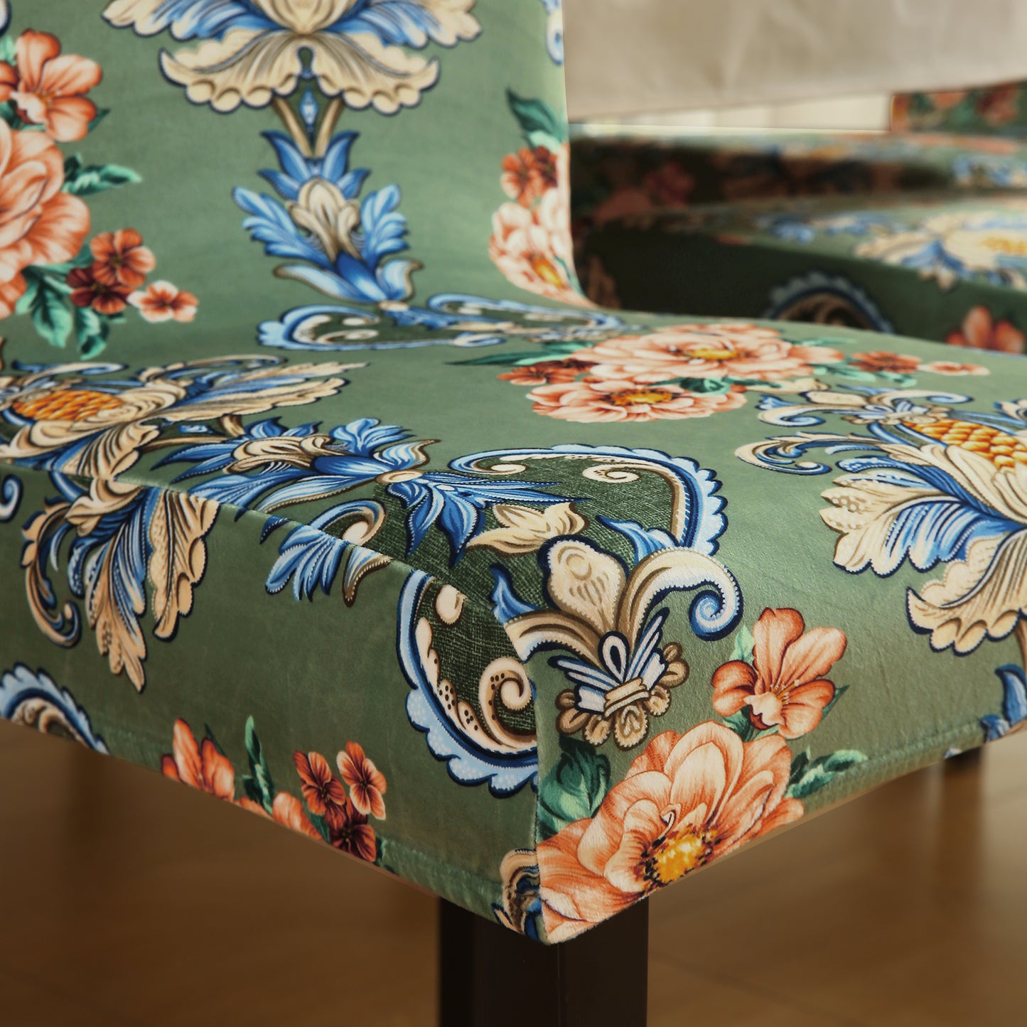 Premium Printed Velvet Dining Chair Cover Set, Green Victorian Garden