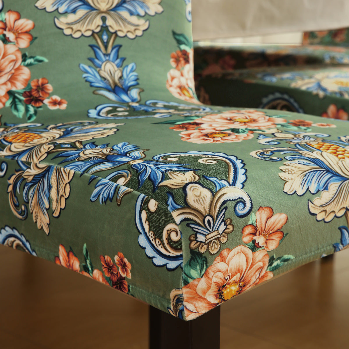 Premium Printed Velvet Dining Chair Cover Set, Green Victorian Garden