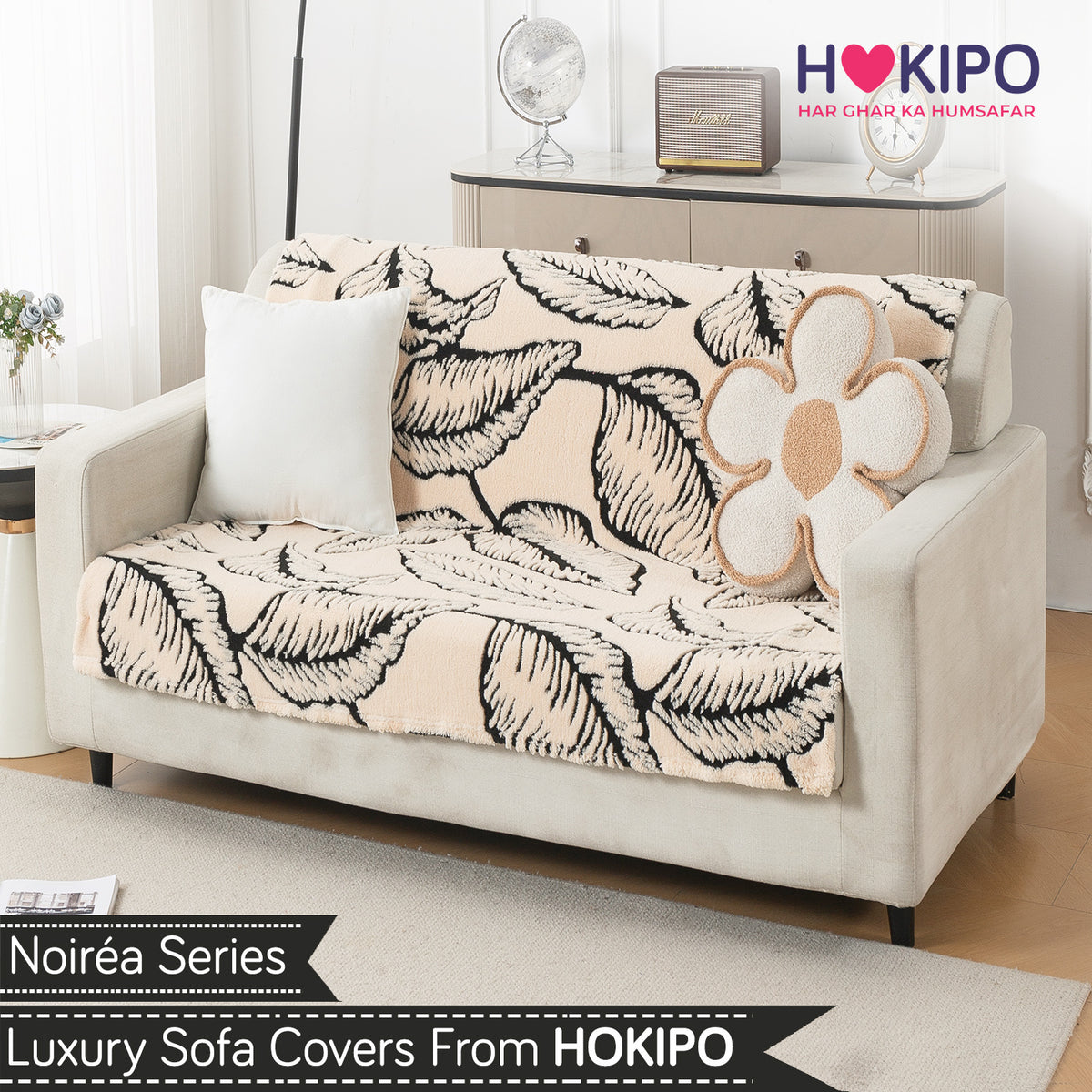 'Noirea Series' Plush Sofa Cover for Seat & Back, Botanical Leaf
