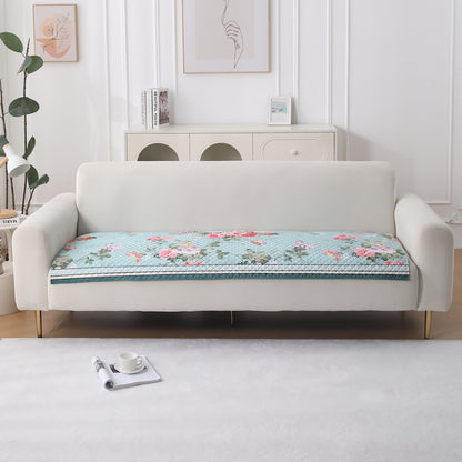 LiefNest Printed Holland Velvet Sofa Mat with Foam Filling - Fresh Floral Pastel Blue for 1/2/3 Seater & Armrest