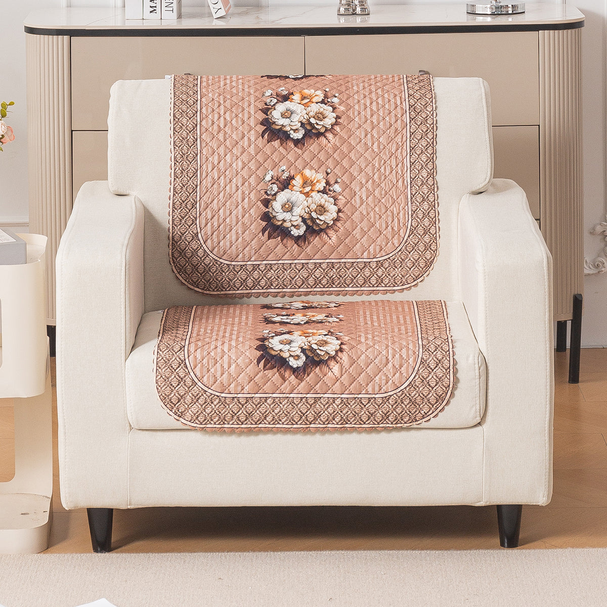 LoomVerse Quilted Sofa Cover Set Washable Sofa Panel for Seat & Back - Vintage Rosette