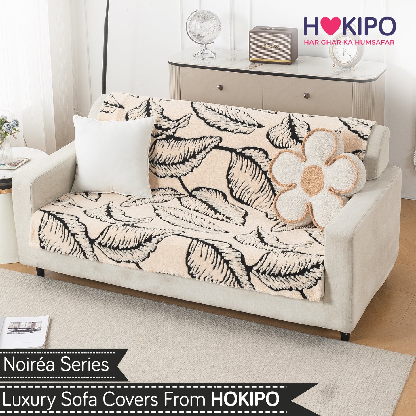 'Noirea Series' Plush Sofa Cover for Seat & Back, Botanical Leaf