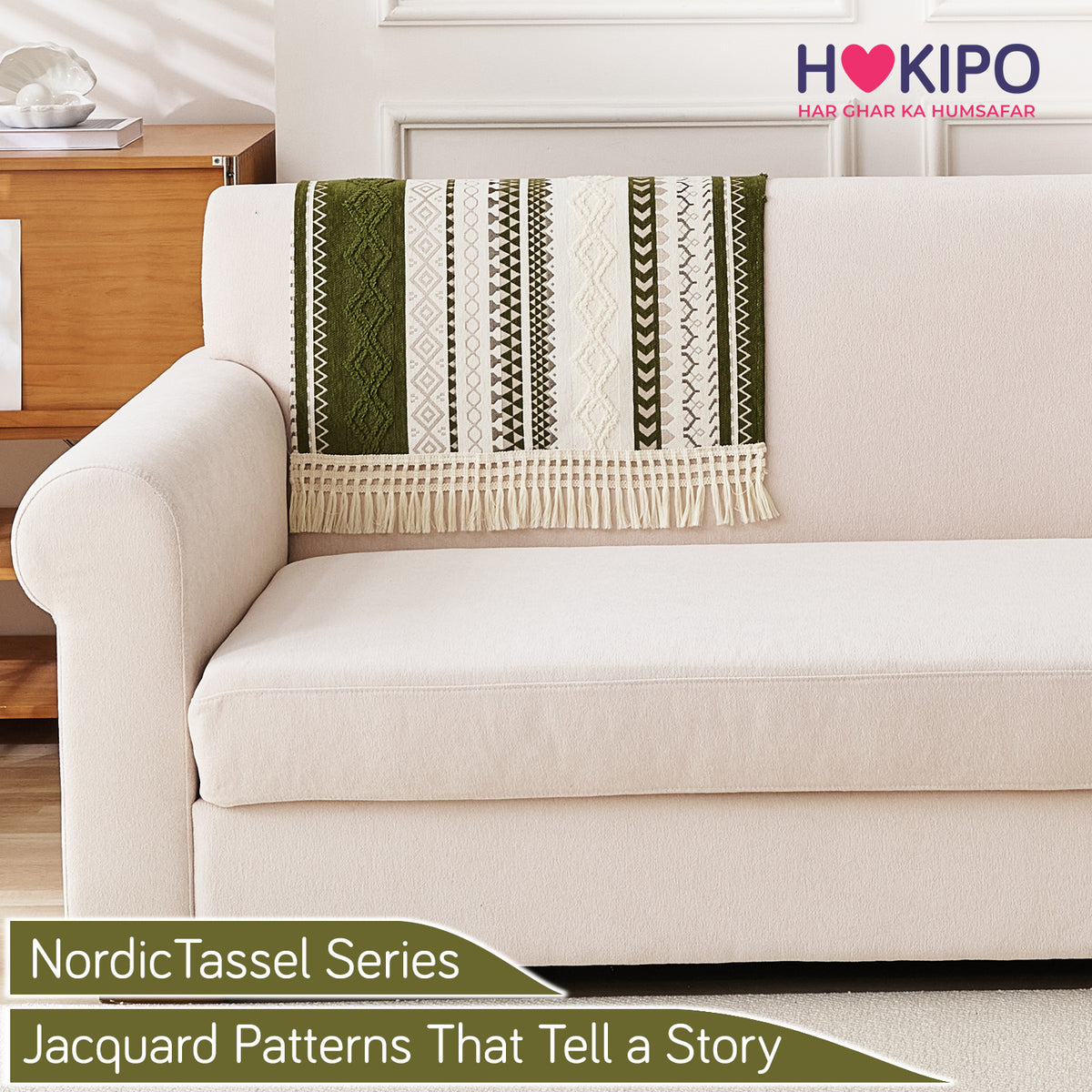 Nordic Boho Geometric Sofa Cover Mat with Tassel, 'Nordic Tassel Series'  Olive Meadow