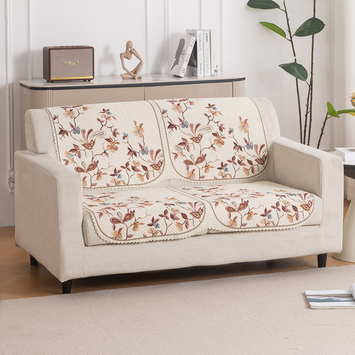 Buy Autumn Whisper HeavenHue quilted wooden sofa cover for 2 seater, elegant floral fleece design | Hokipo